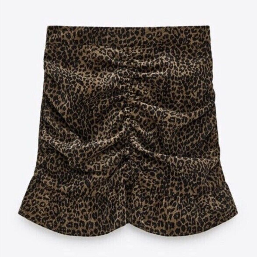 Zara Leopard Print Corduroy Mini Skirt small women's Ruched Brown animal print - Picture 2 of 4